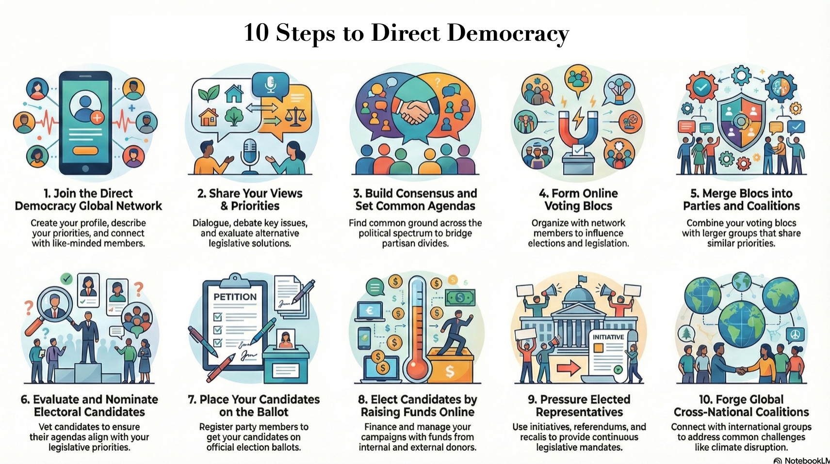 10 Steps to Direct Democracy — composite infographic
